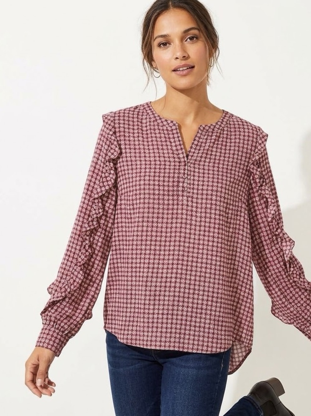LOFT Floral Ruffle Blouse Red Pink Black Career Top M